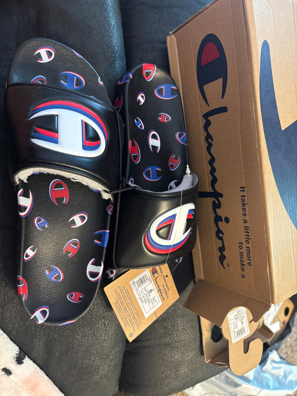 Champion Black IPO 3PEAT Youth Slide Sandals with Red & Blue Logo Accents