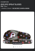 Champion Black IPO 3PEAT Youth Slide Sandals with Red & Blue Logo Accents