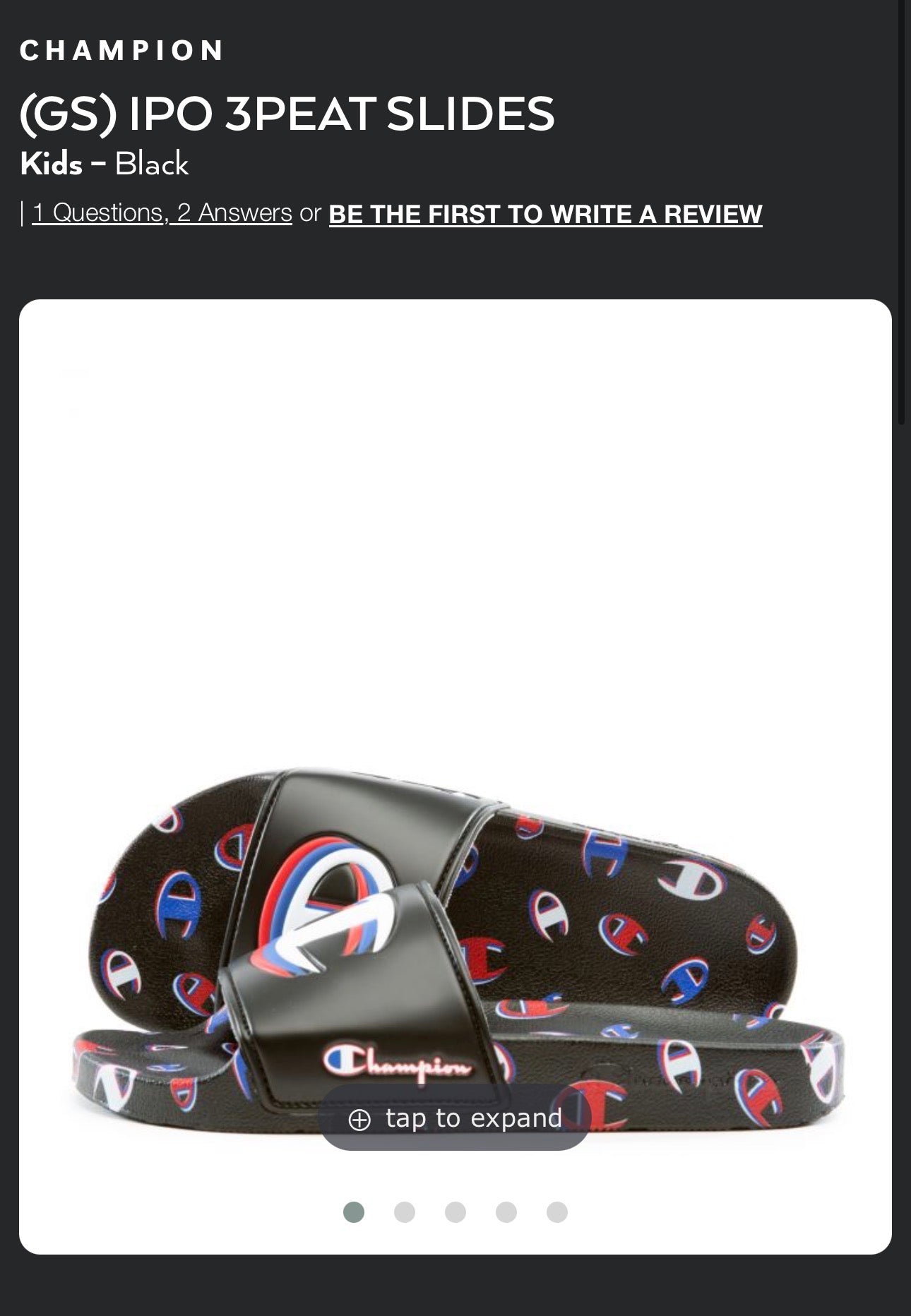 Champion Black IPO 3PEAT Youth Slide Sandals with Red & Blue Logo Accents