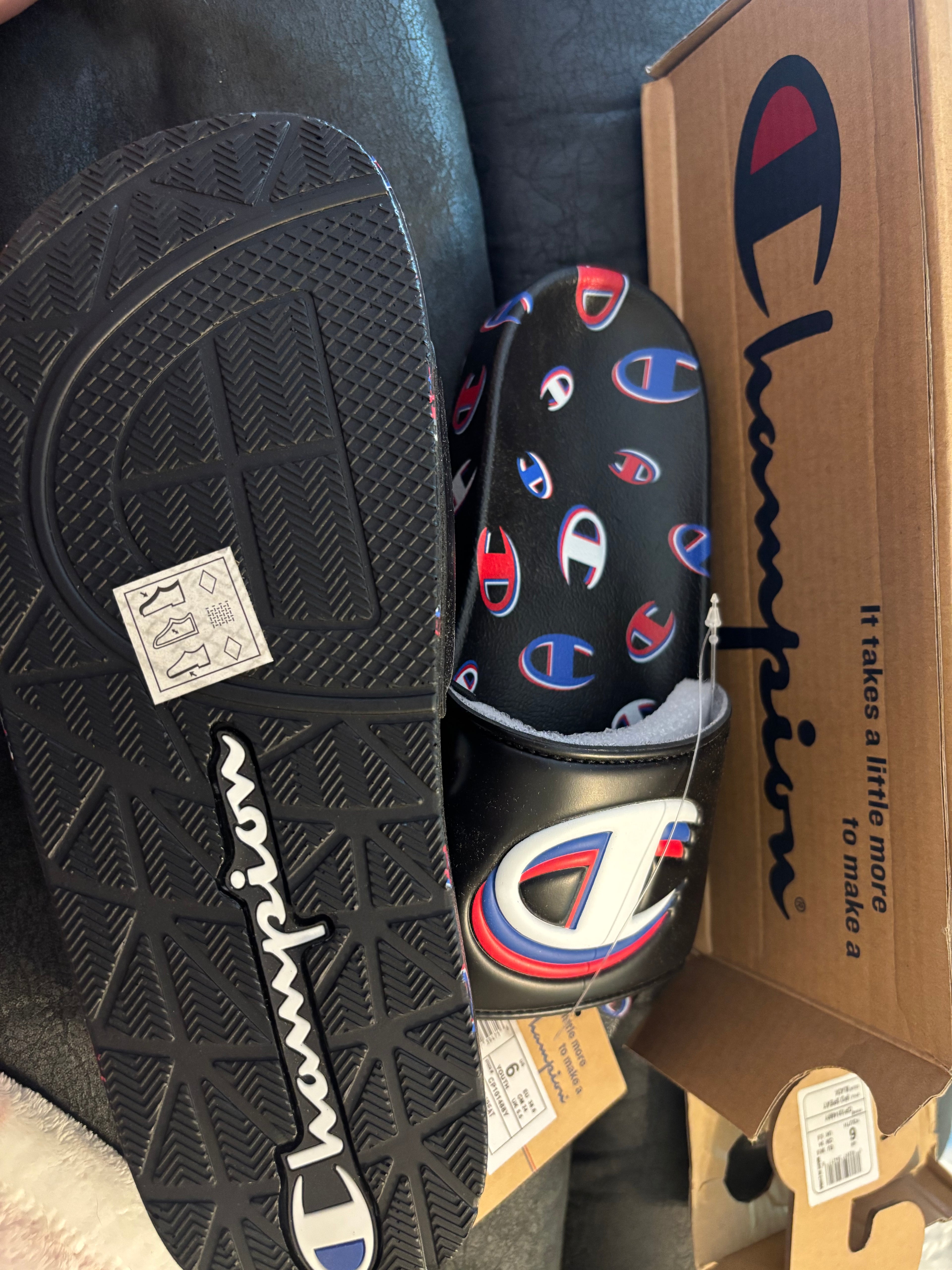 Champion Black IPO 3PEAT Youth Slide Sandals with Red & Blue Logo Accents