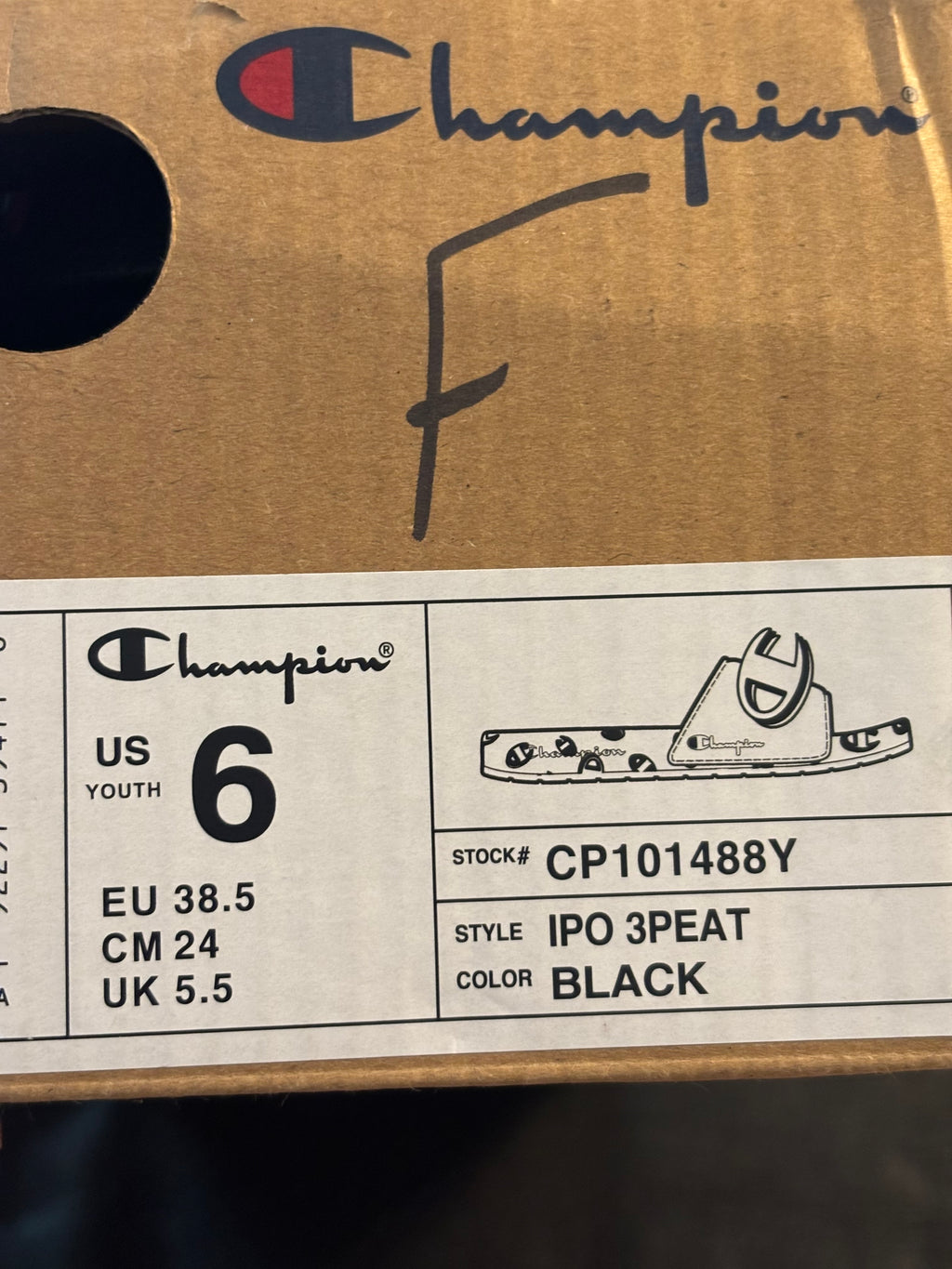Champion Black IPO 3PEAT Youth Slide Sandals with Red & Blue Logo Accents