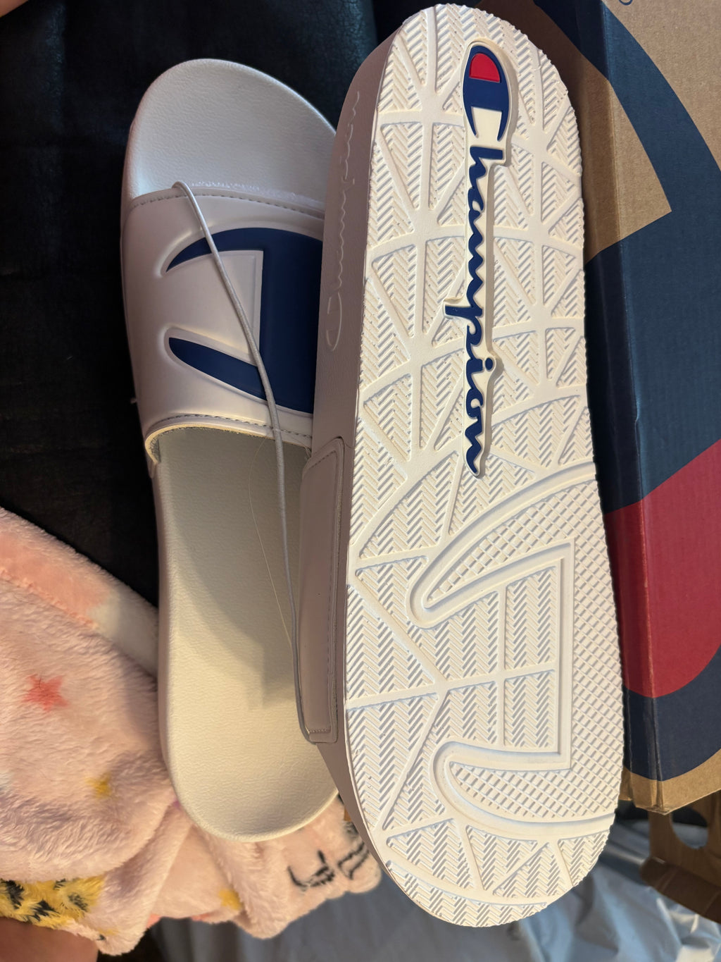 Champion White Slides with Navy & Red Logo Accent