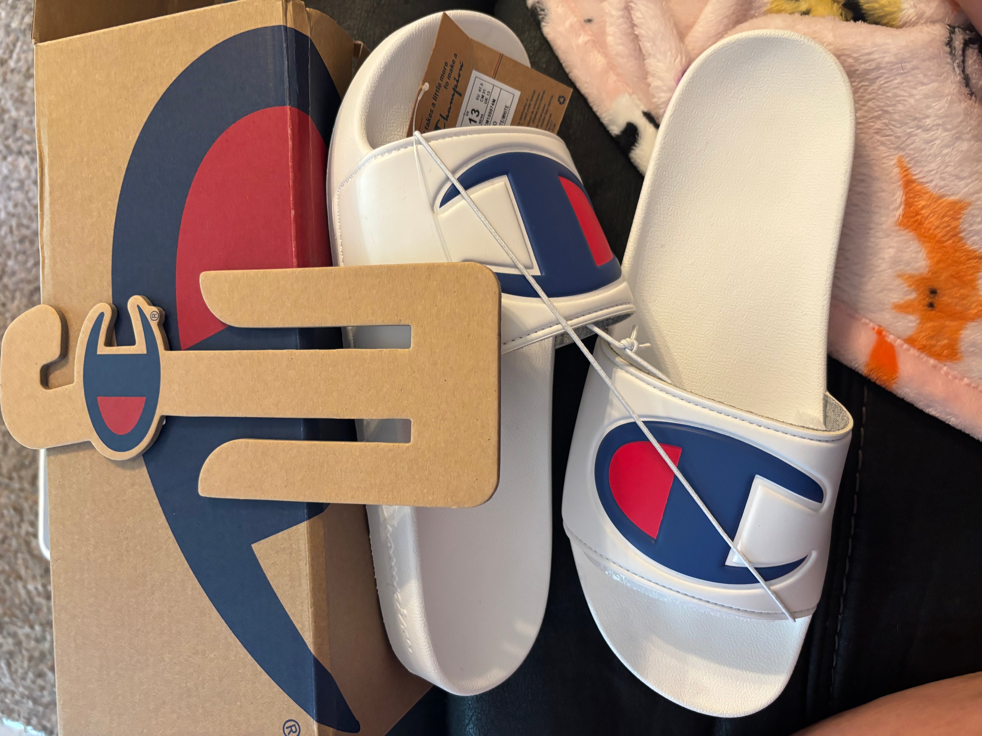 Champion White Slides with Navy & Red Logo Accent