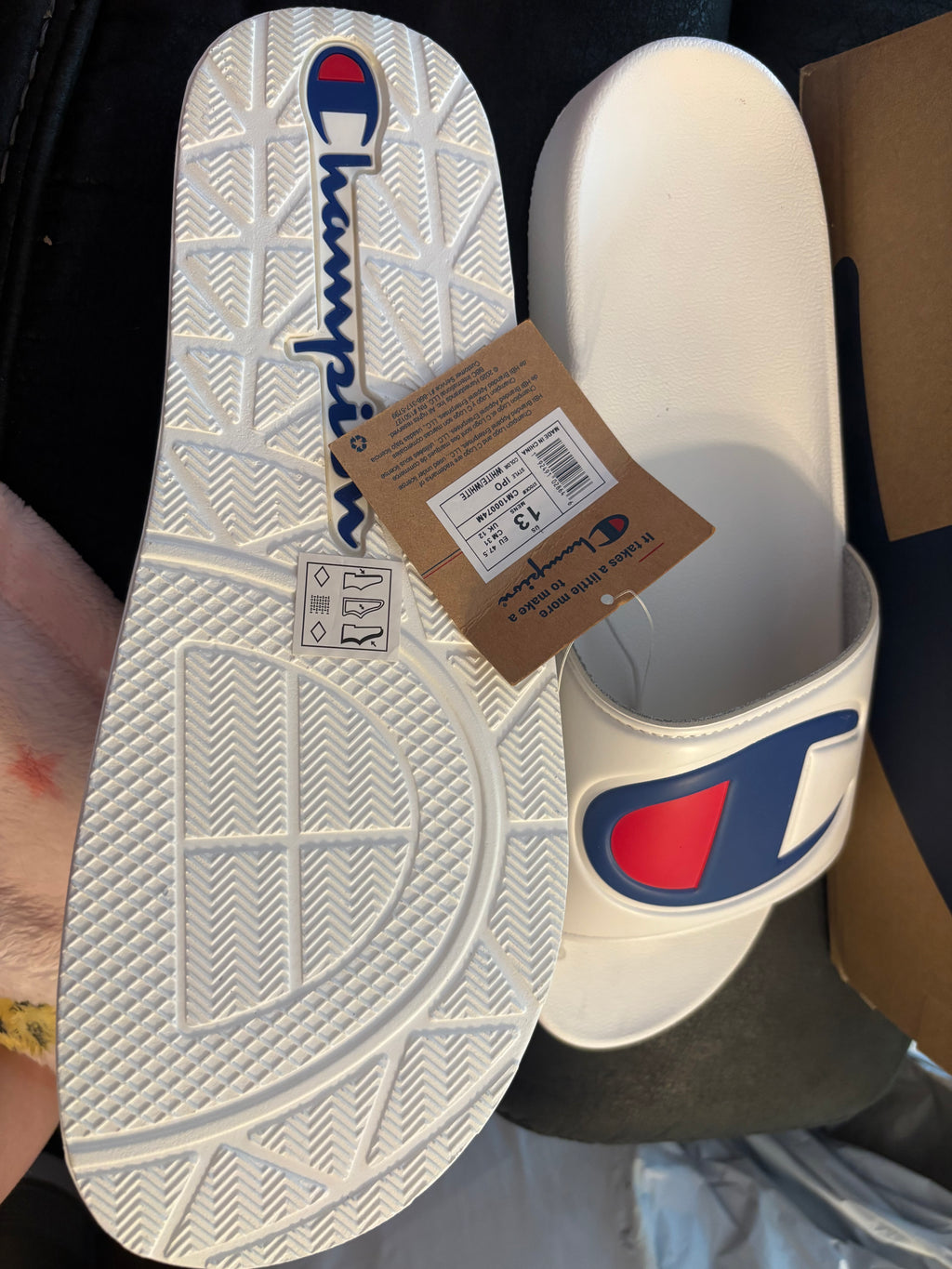 Champion White Slides with Navy & Red Logo Accent