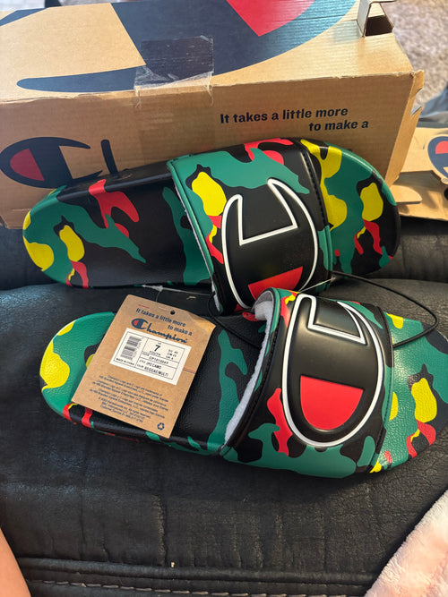 Champion Kids Camo Slide Sandals — Black, Green & Red