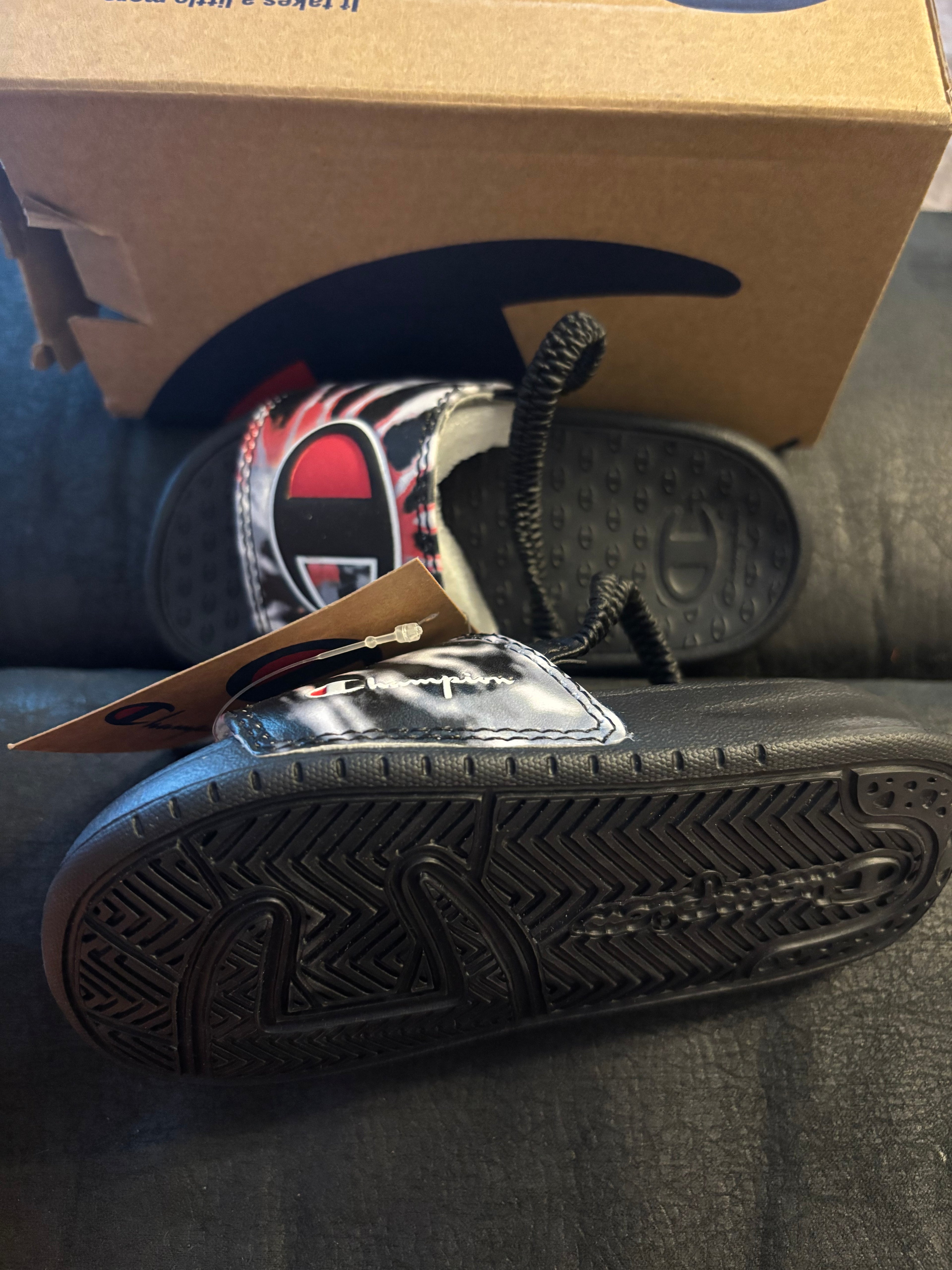 Champion Black and Red Toddler Slide Sandals with Back Strap