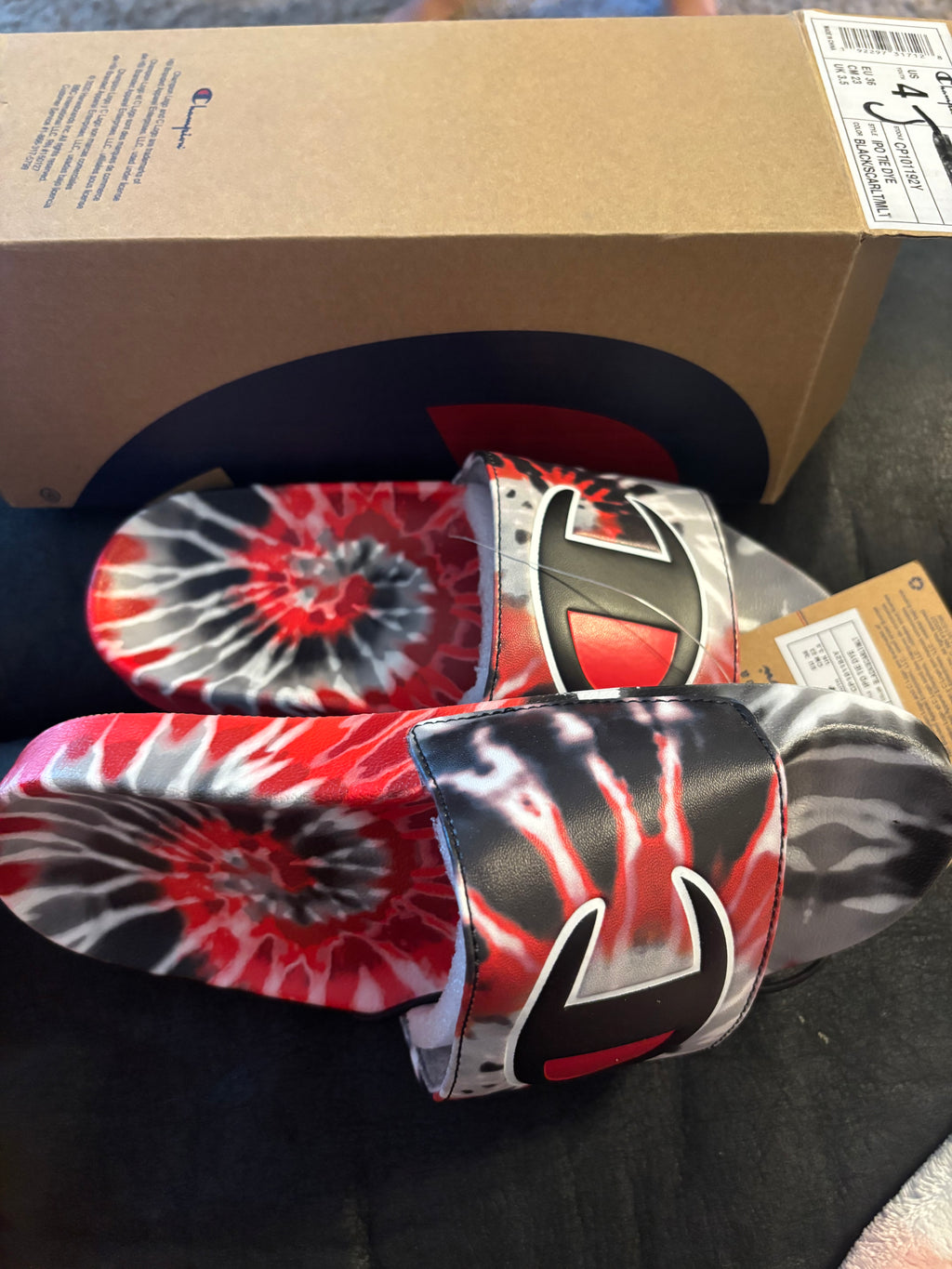 Champion Tie-Dye Slide Sandals in Black, White & Red