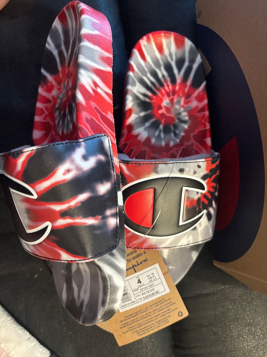 Champion Tie-Dye Slide Sandals in Black, White & Red
