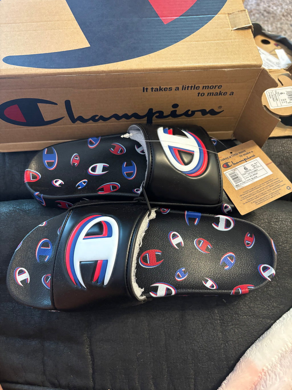 Champion Black IPO 3PEAT Youth Slide Sandals with Red & Blue Logo Accents