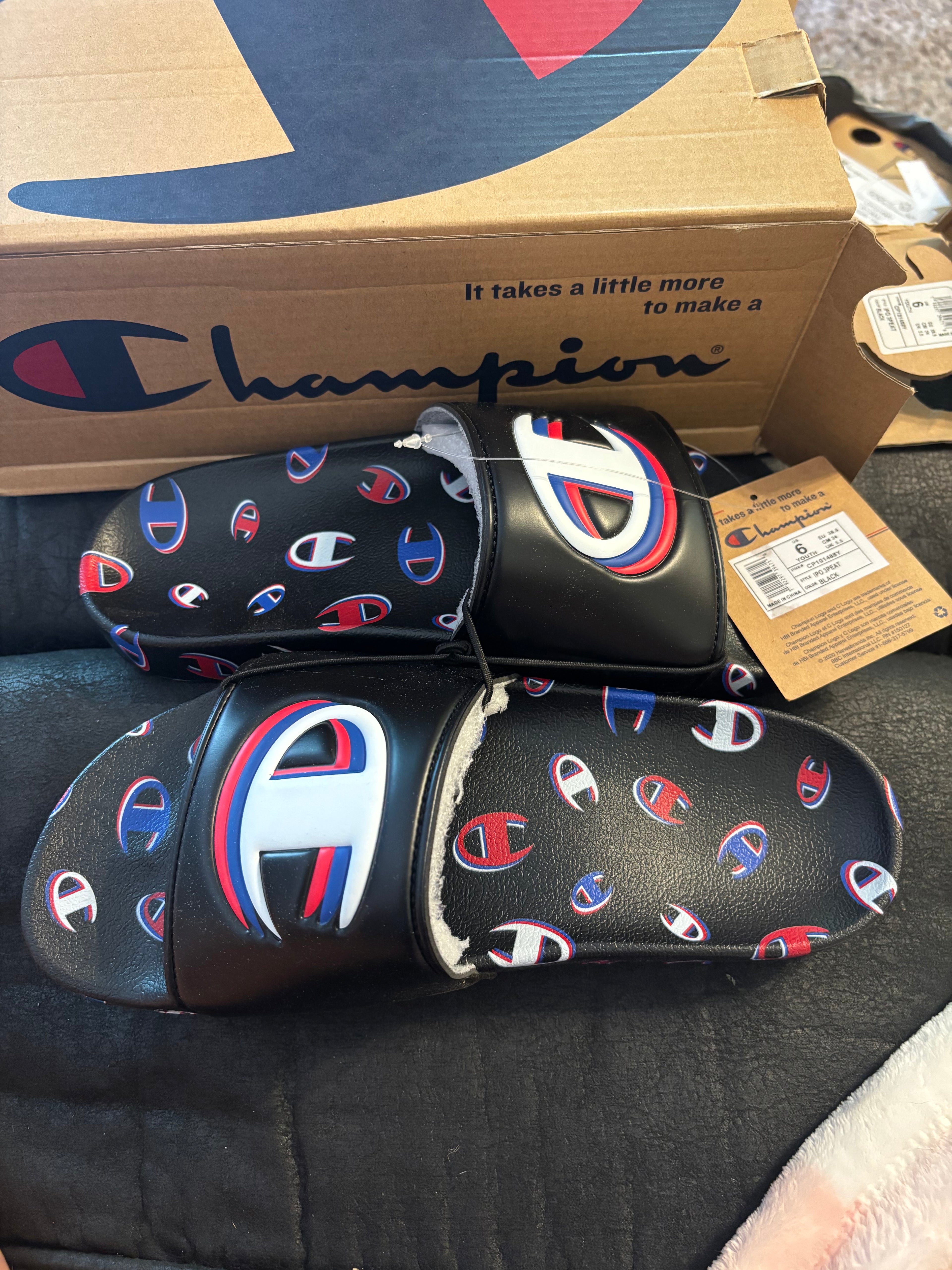 Champion Black IPO 3PEAT Youth Slide Sandals with Red & Blue Logo Accents